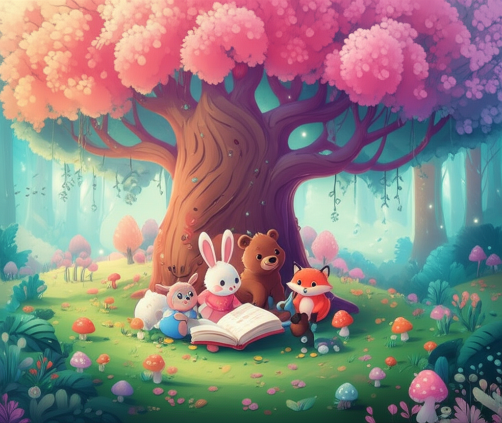 Whimsical animals reading magical books